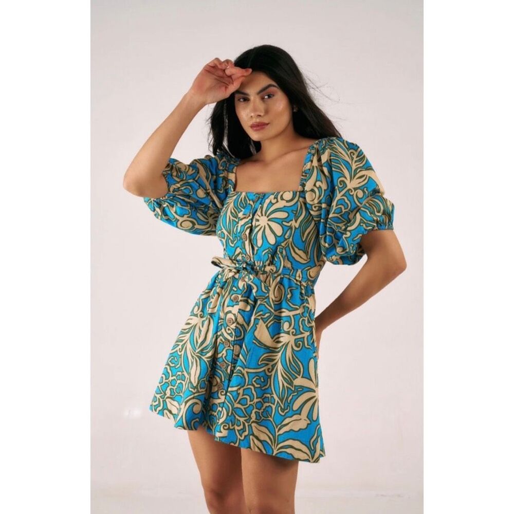 NWT Ollari Anthropologie Cali Mini Dress Blue Deco Retro Boho Cotton Medium